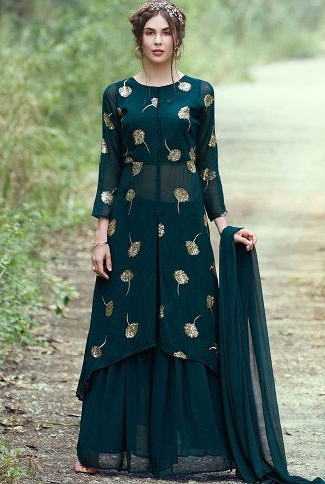 Dark green georgette sequence embroidered plazzo suit