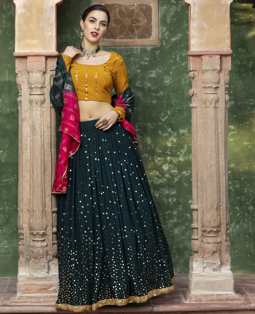 Dark green georgette sequence work bridal lehenga choli
