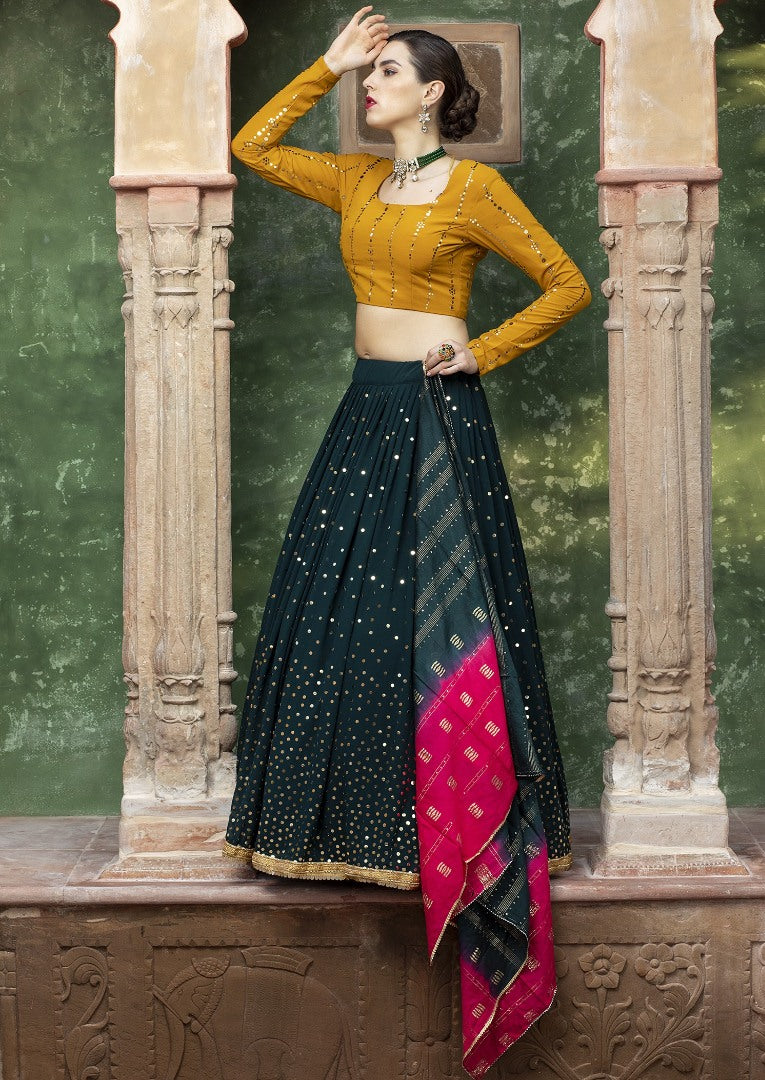Dark green georgette sequence work bridal lehenga choli