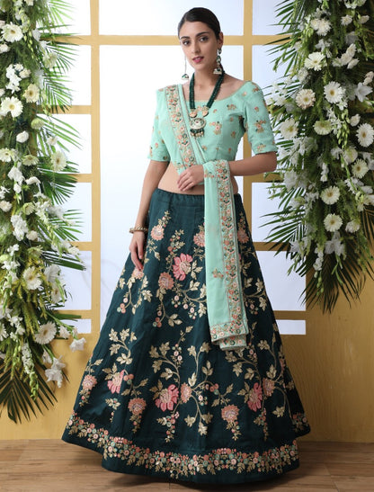 Dark green georgette thread embroidered bridal lehenga choli