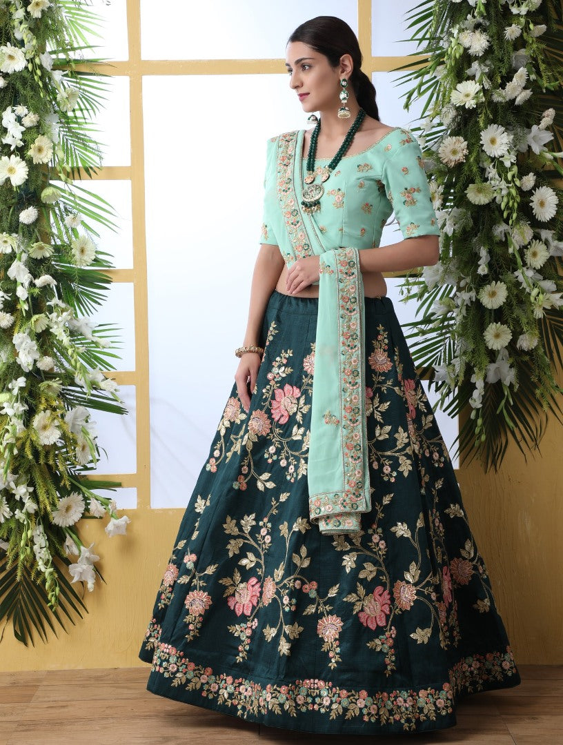 Dark green georgette thread embroidered bridal lehenga choli