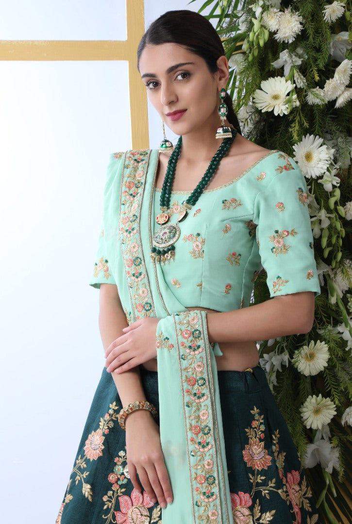 Dark green georgette thread embroidered bridal lehenga choli