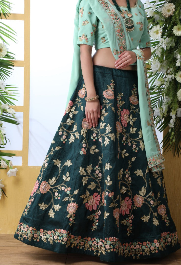 Dark green georgette thread embroidered bridal lehenga choli