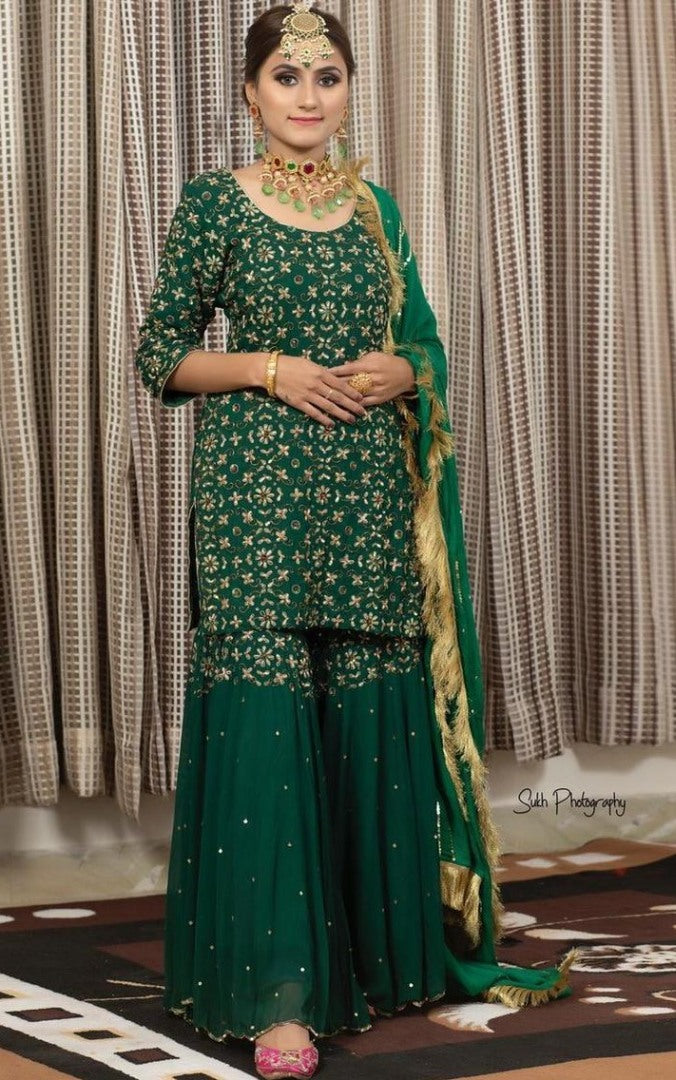 Dark green georgette zari embroidered work sharara palzzo suit