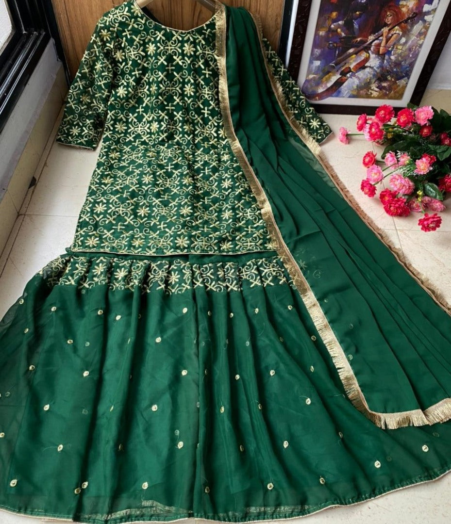 Dark green georgette zari embroidered work sharara palzzo suit