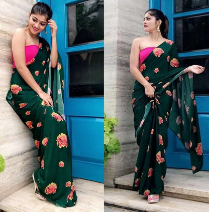 Dark green heavy japan satin digital printed flower saree