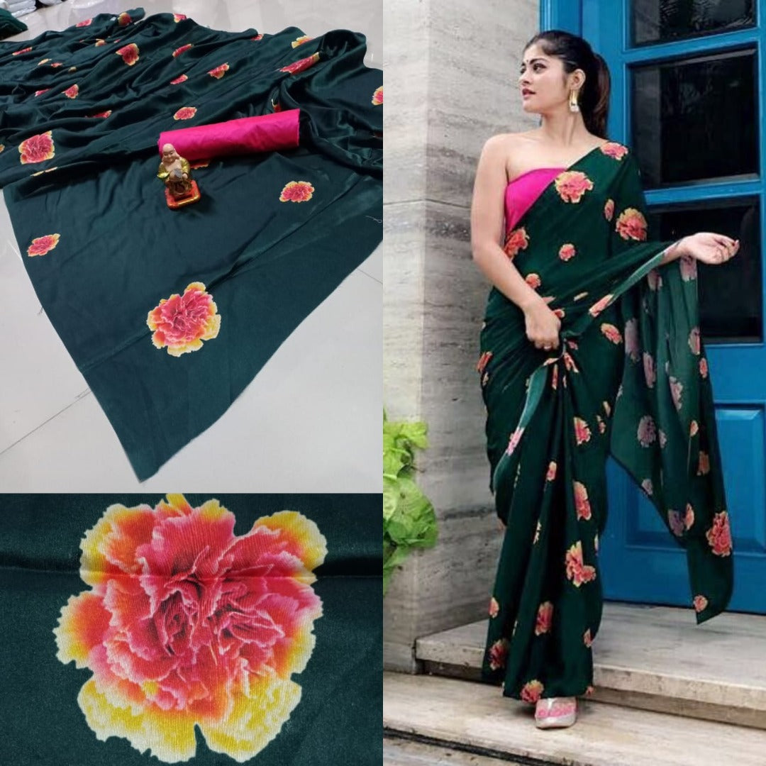 Dark green heavy japan satin digital printed flower saree
