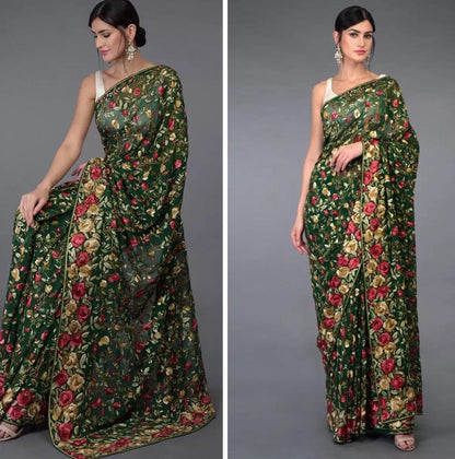 Dark green heavy multi color threadwork ceremonial saree
