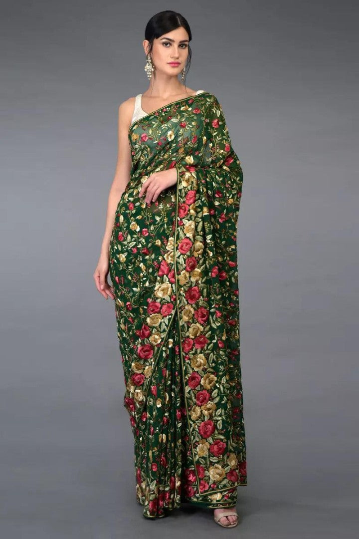 Dark green heavy multi color threadwork ceremonial saree