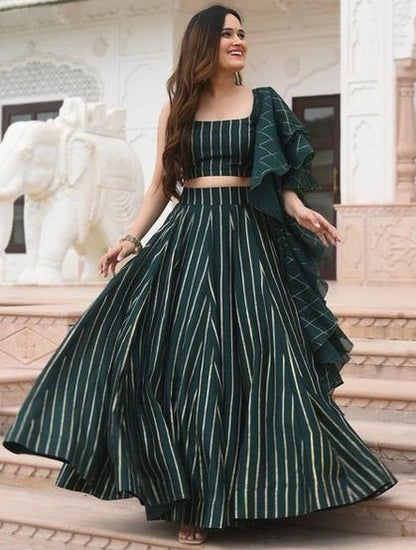 Dark green italian silk printed partywear lehenga choli