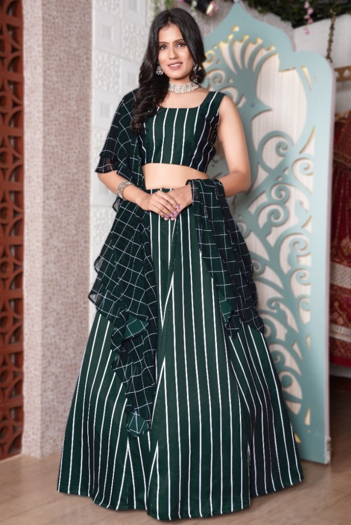 Dark green italian silk printed partywear lehenga choli