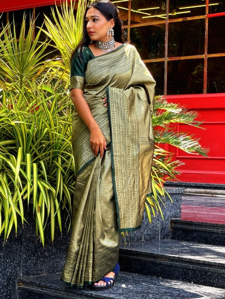 Dark green kanchipuran kota silk jacquad work wedding saree