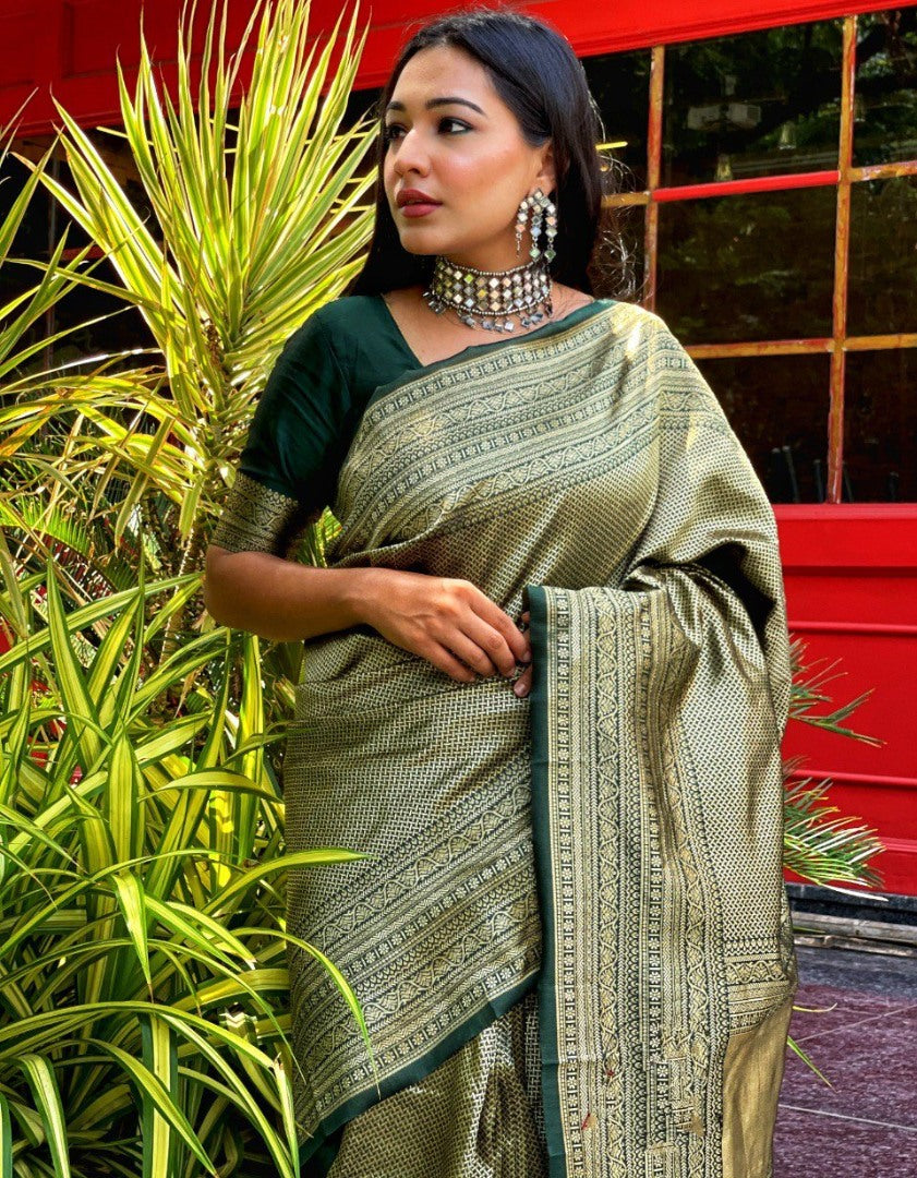 Dark green kanchipuran kota silk jacquad work wedding saree