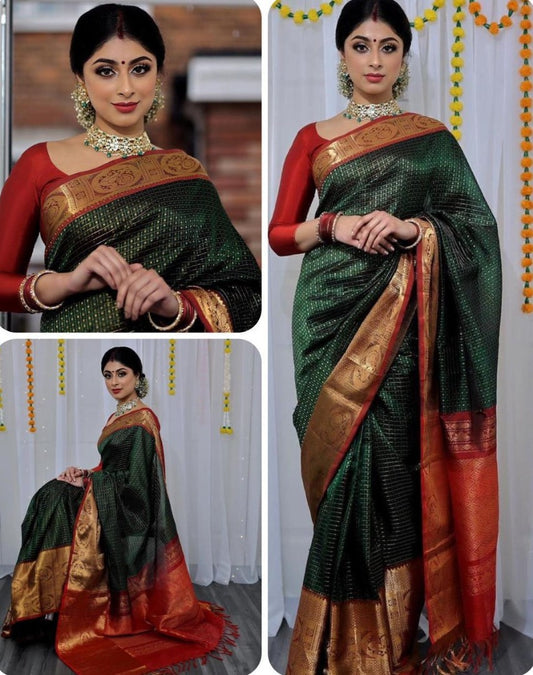 Dark green lichi silk jacquard weaving work wedding sare
