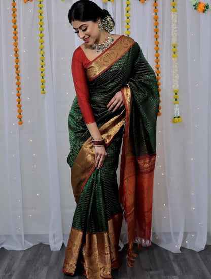 Dark green lichi silk jacquard weaving work wedding sare