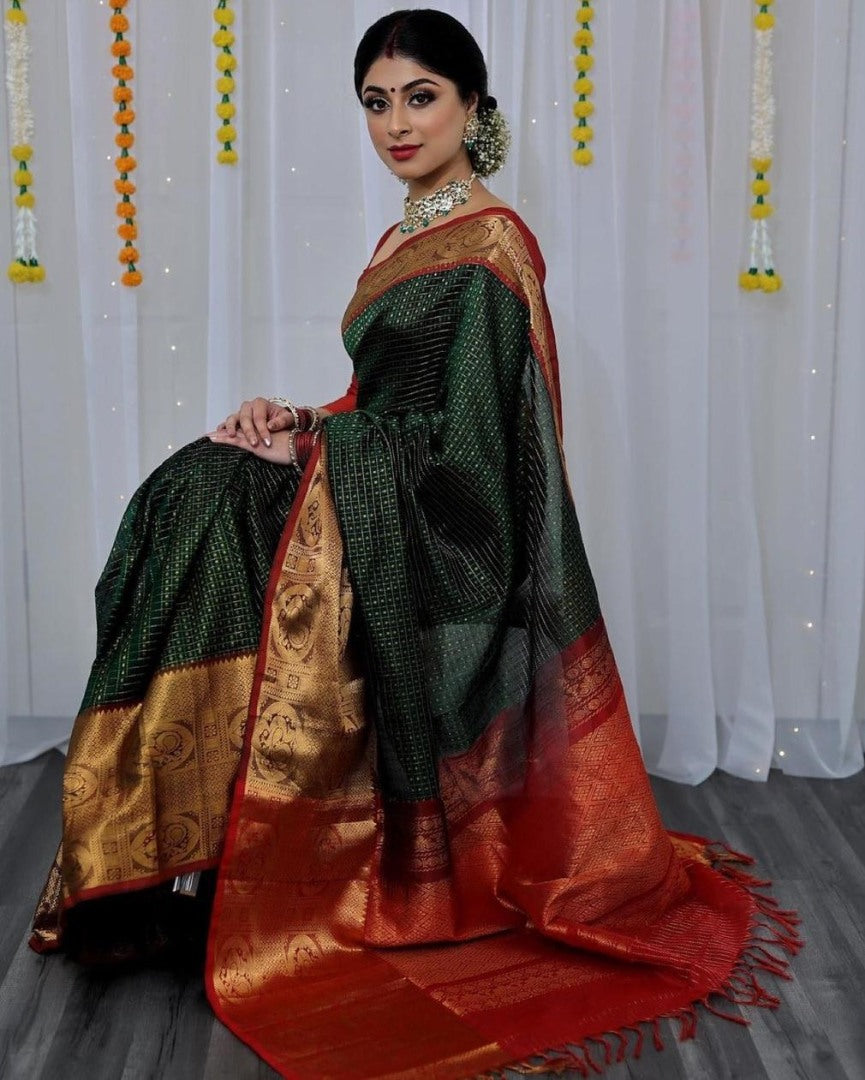 Dark green lichi silk jacquard weaving work wedding sare