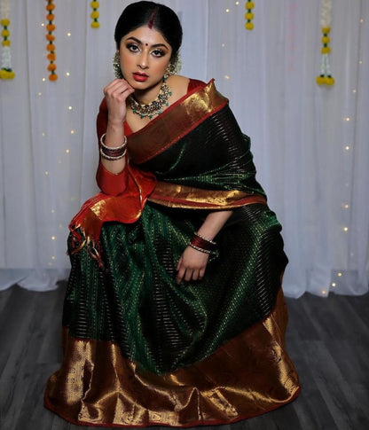 Dark green lichi silk jacquard weaving work wedding sare