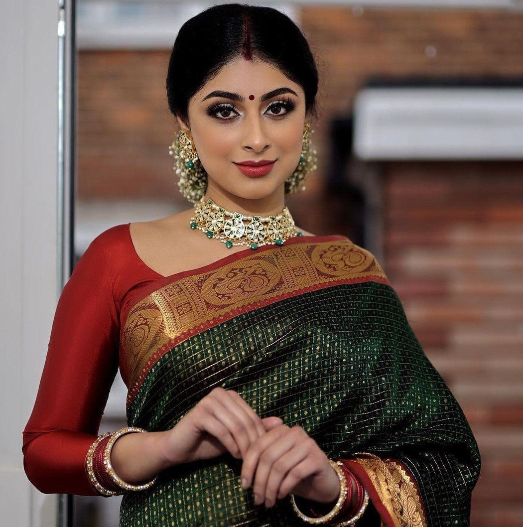 Dark green lichi silk jacquard weaving work wedding sare