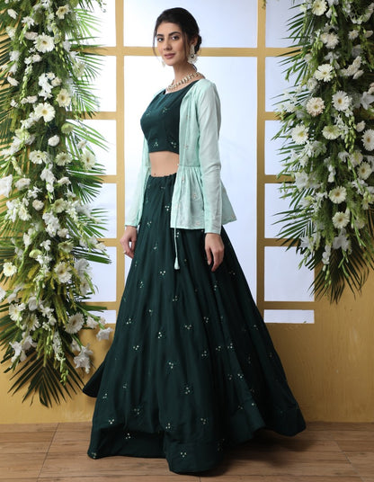 Dark green maslin cotton lehenga with sea green koti