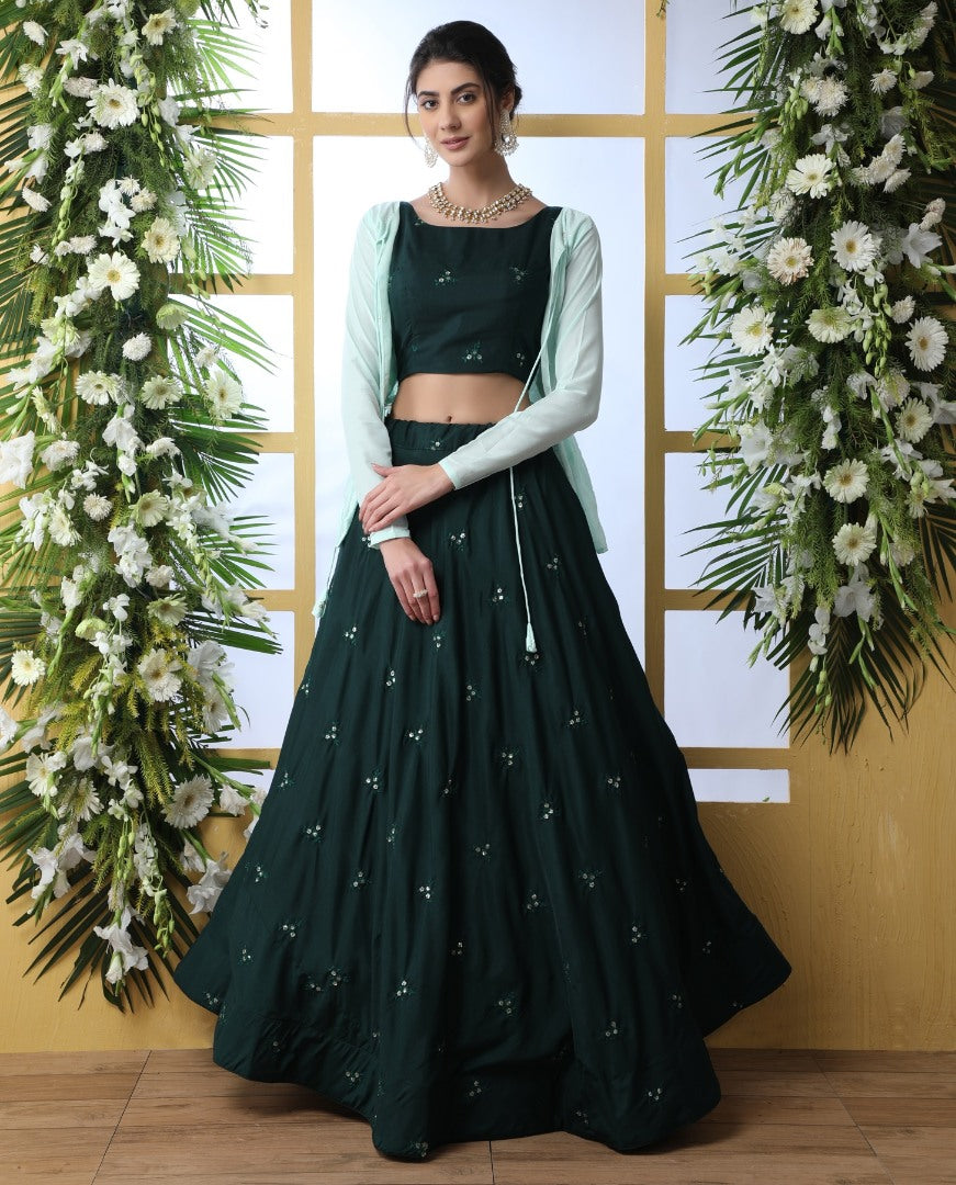 Dark green maslin cotton lehenga with sea green koti