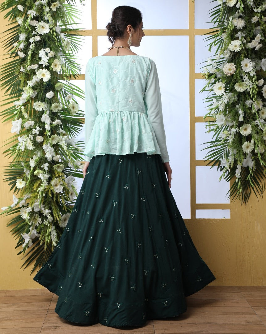 Dark green maslin cotton lehenga with sea green koti
