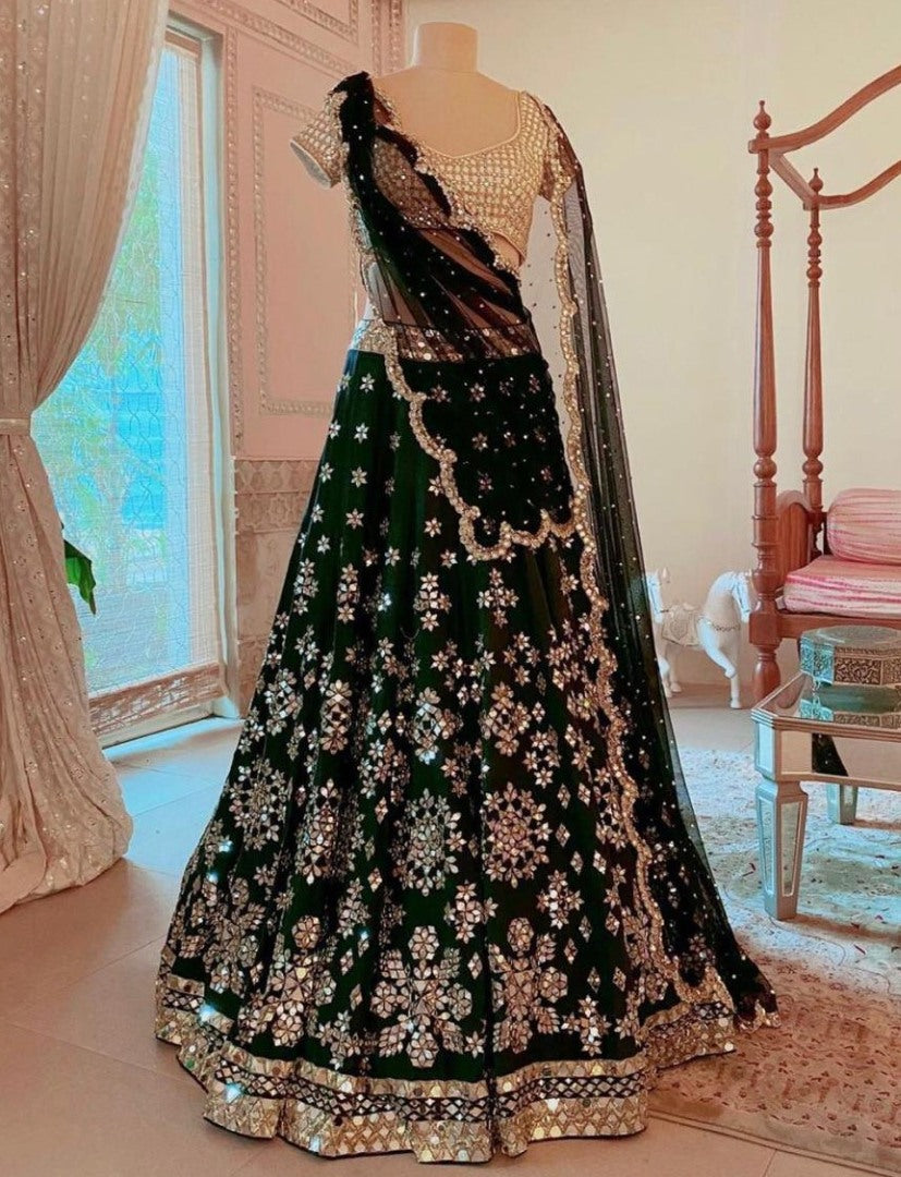 Dark green mulberry silk heavy paper mirror embroidered wedding lehenga choli