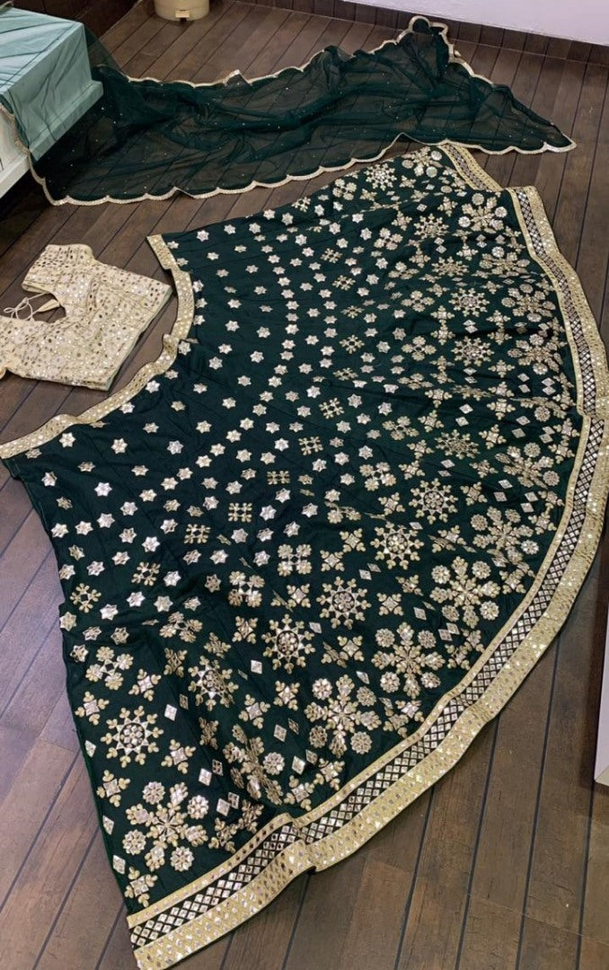 Dark green mulberry silk heavy paper mirror embroidered wedding lehenga choli