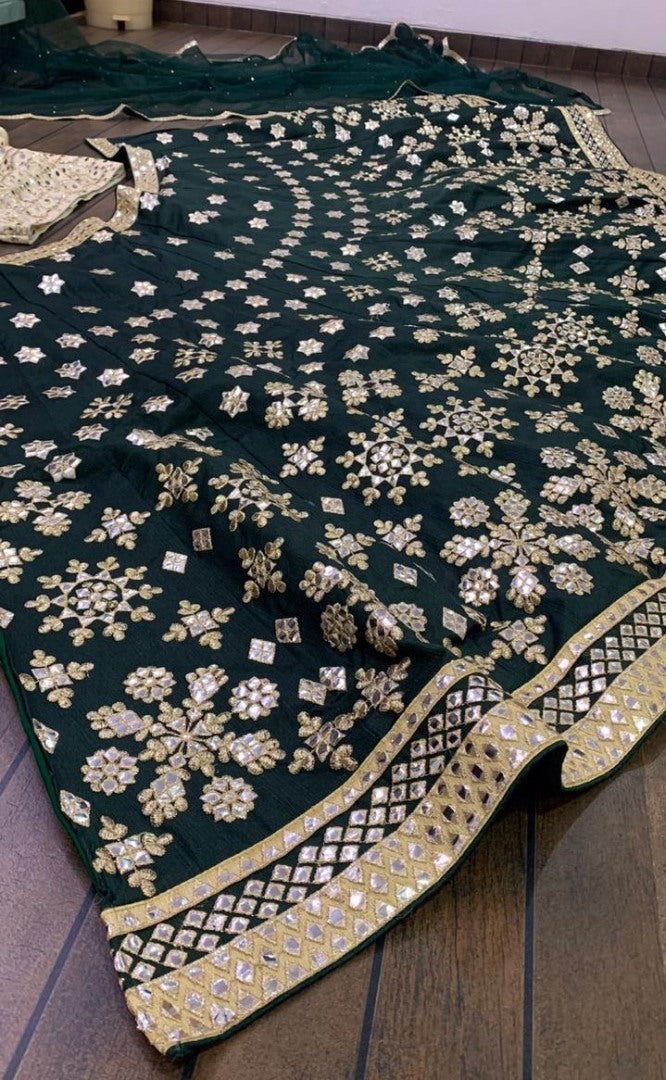 Dark green mulberry silk heavy paper mirror embroidered wedding lehenga choli