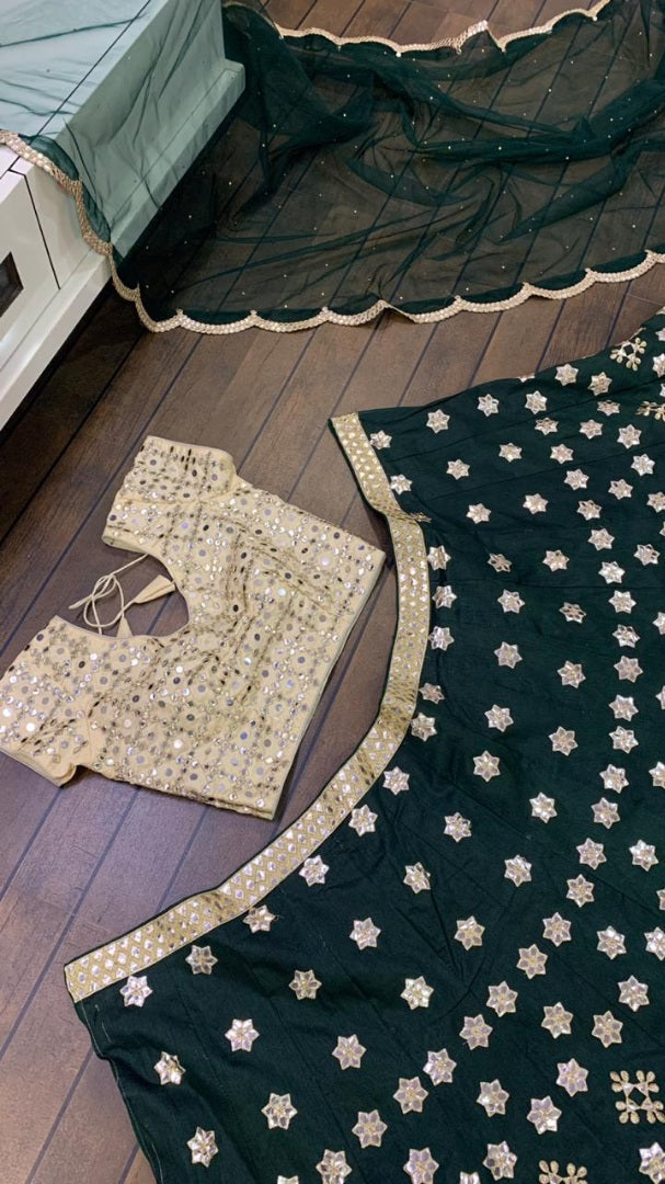 Dark green mulberry silk heavy paper mirror embroidered wedding lehenga choli