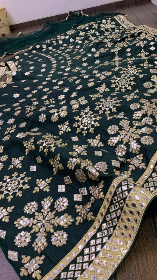 Dark green mulberry silk heavy paper mirror embroidered wedding lehenga choli