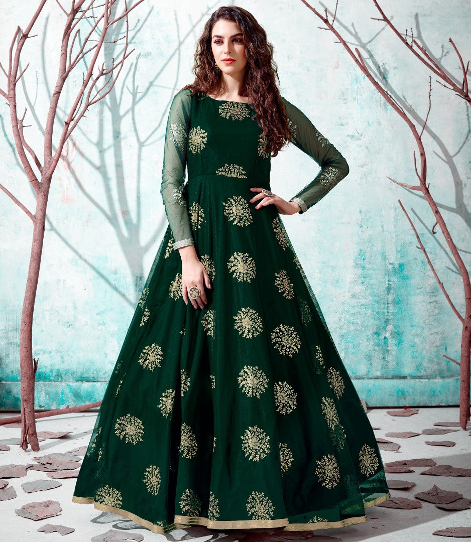 Dark green net metallic foil work party wear designer gown