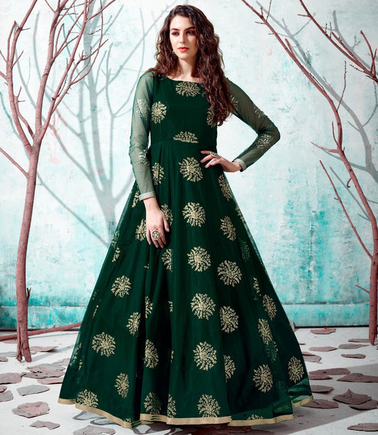 Dark green net metallic foil work party wear designer gown