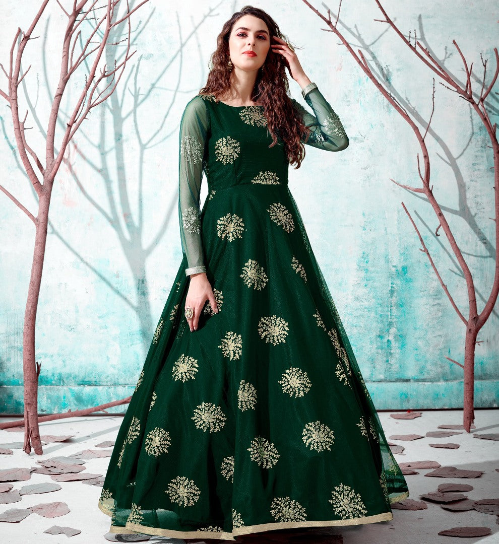 Dark green net metallic foil work party wear designer gown