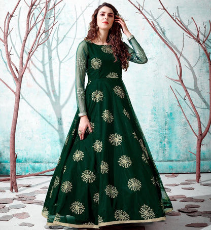 Dark green net metallic foil work party wear designer gown