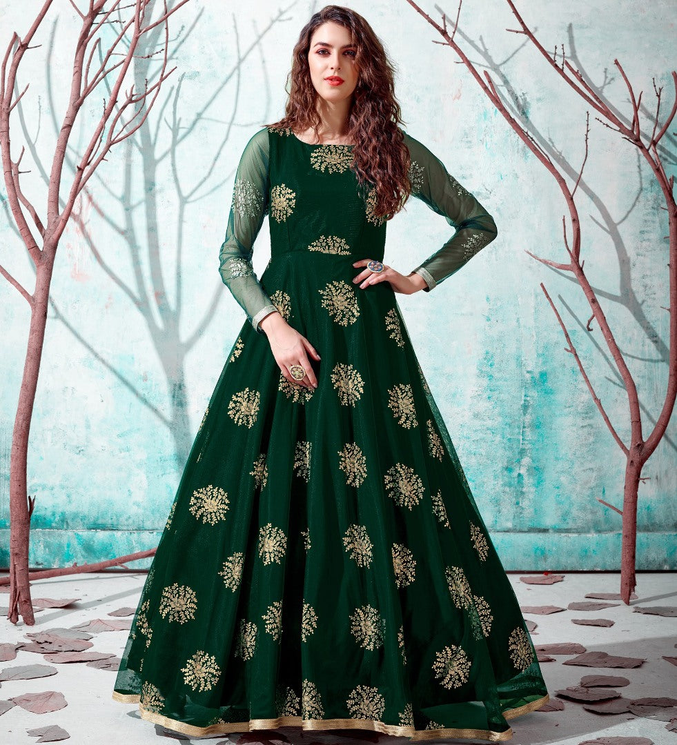 Dark green net metallic foil work party wear designer gown