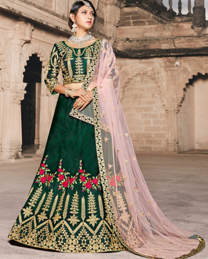 Dark green pure tapeta silk heavy embroidered wedding lehenga