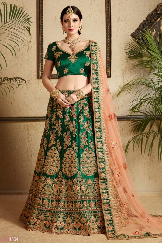 dark green satin heavy embroidered designer bridal lehenga