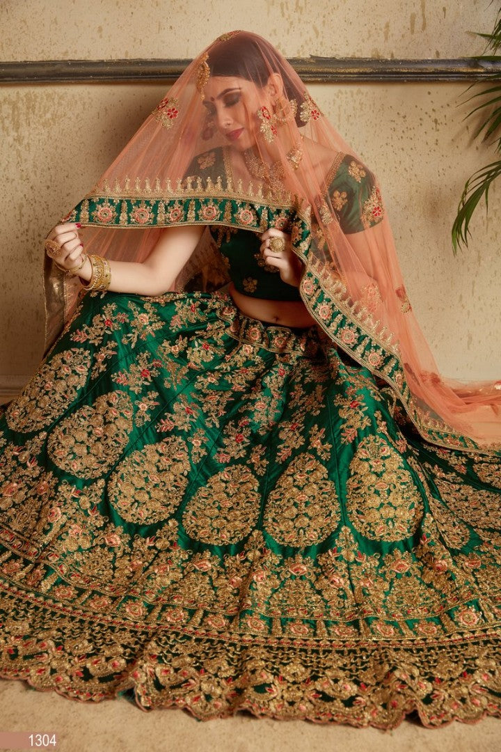dark green satin heavy embroidered designer bridal lehenga