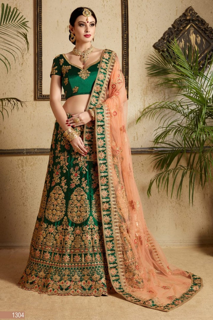 dark green satin heavy embroidered designer bridal lehenga