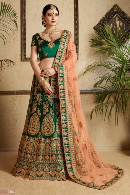 dark green satin heavy embroidered designer bridal lehenga