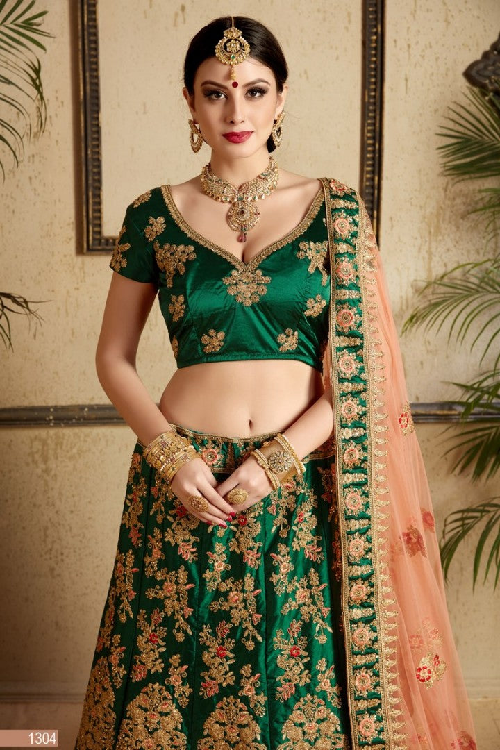 dark green satin heavy embroidered designer bridal lehenga
