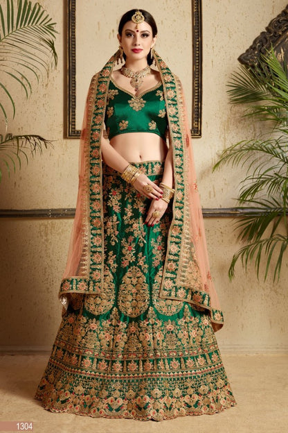 dark green satin heavy embroidered designer bridal lehenga