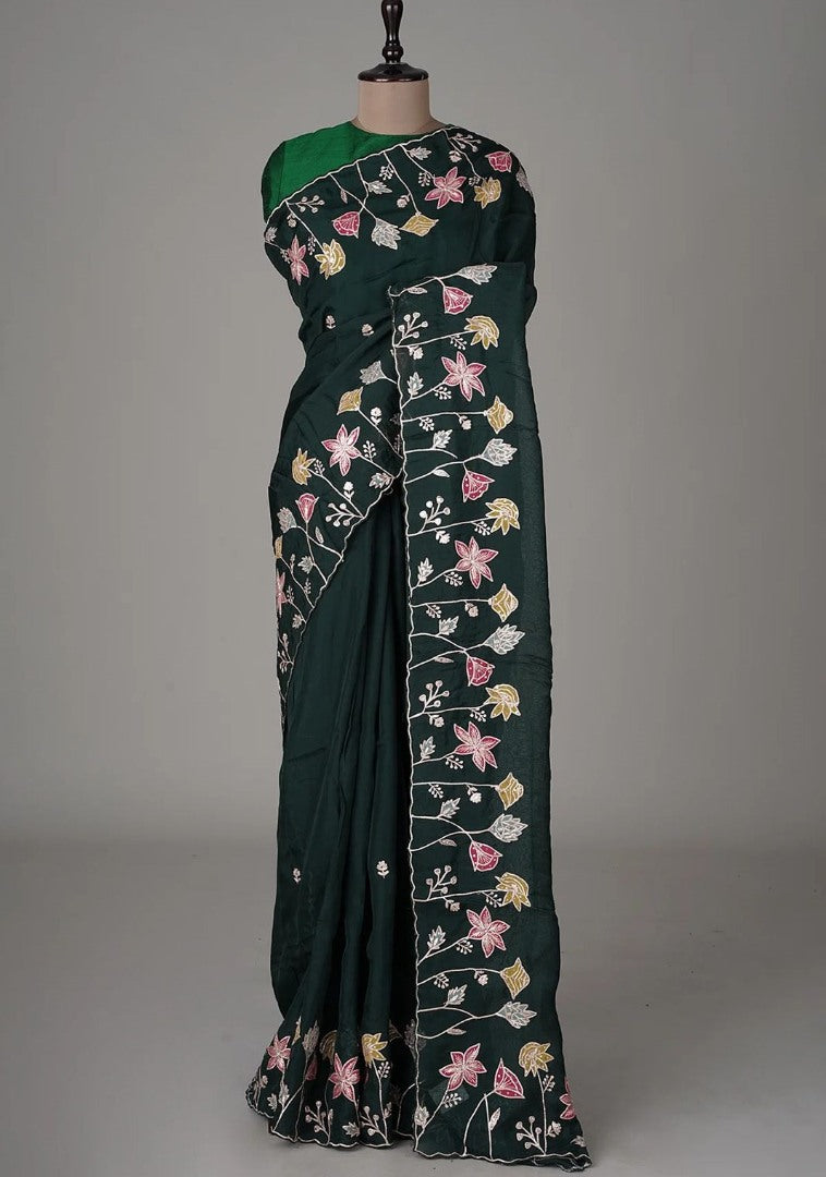 Dark green silk thread and sequence work designer party wear saree