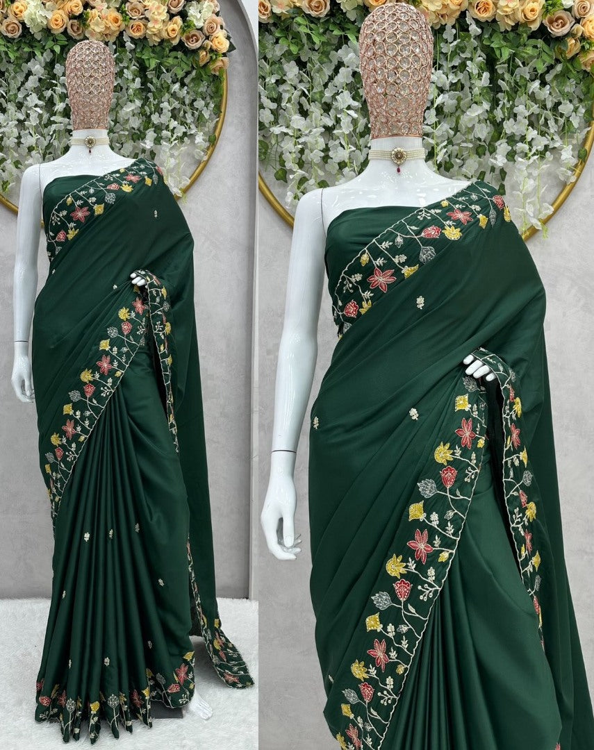 Dark green silk thread and sequence work designer party wear saree
