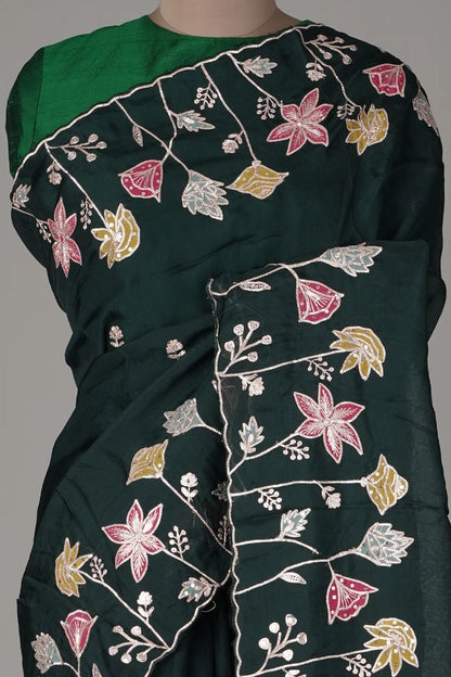 Dark green silk thread and sequence work designer party wear saree