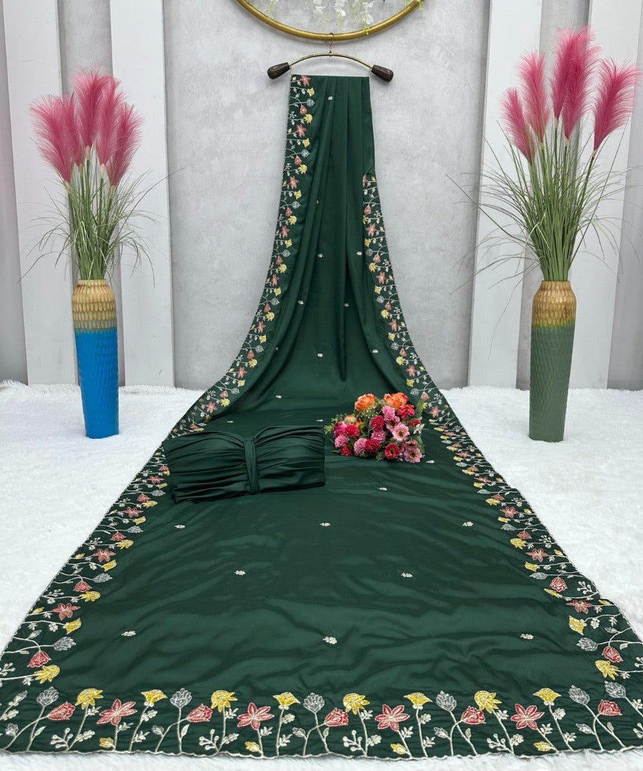 Dark green silk thread and sequence work designer party wear saree
