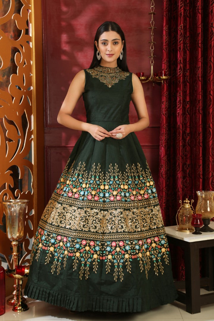 Dark green silk thread sequence and zardoshi handworked heavy designer partywear gown