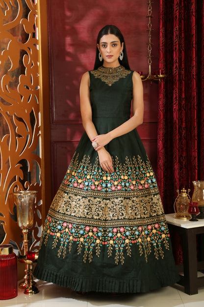 Dark green silk thread sequence and zardoshi handworked heavy designer partywear gown