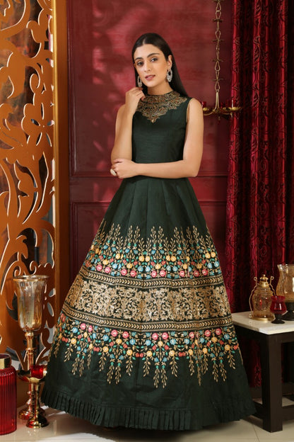 Dark green silk thread sequence and zardoshi handworked heavy designer partywear gown