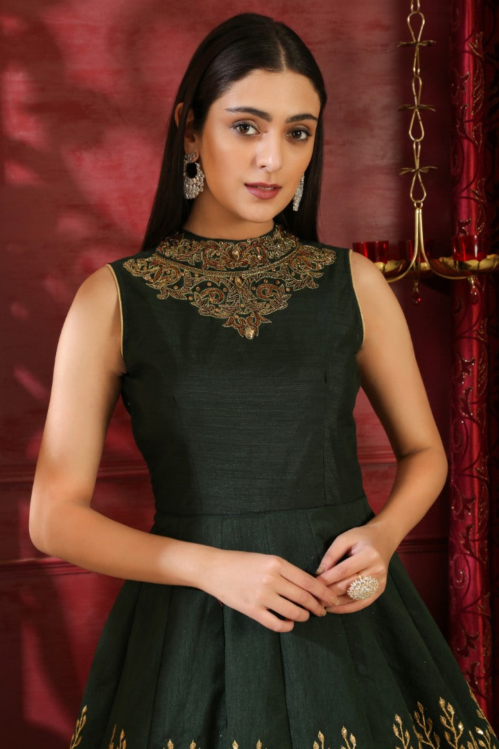 Dark green silk thread sequence and zardoshi handworked heavy designer partywear gown